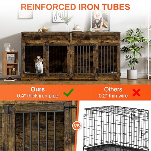 Rophefx 72" Dog Crate Furniture for 2 Dogs, Large Double Dog Kennel Indoor Furniture with 2 Storage Drawers and Removable Divider
