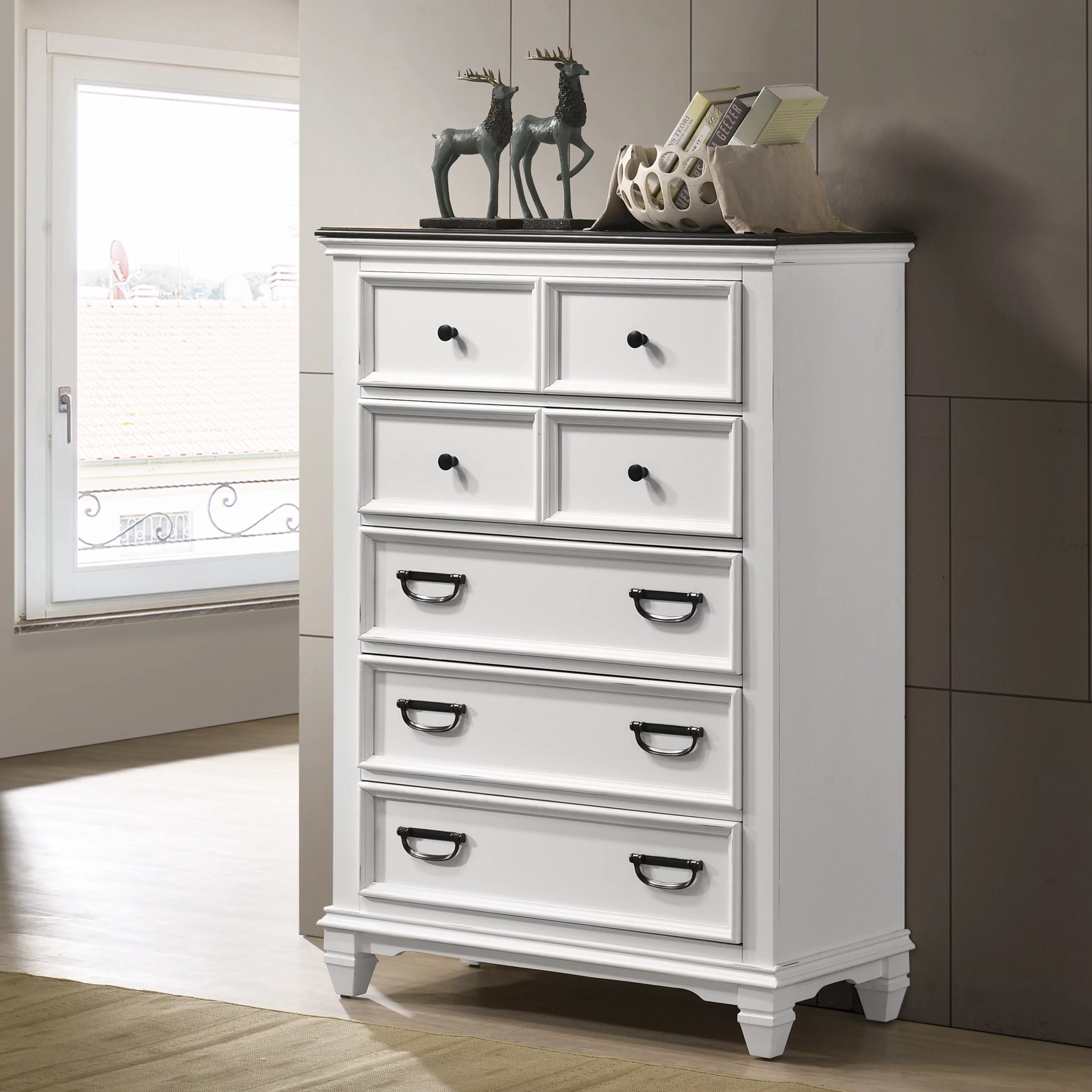 Roundhill Clelane Weathered White and Gray Finished 6-Piece Bedroom Set, Shiplap Panel Queen