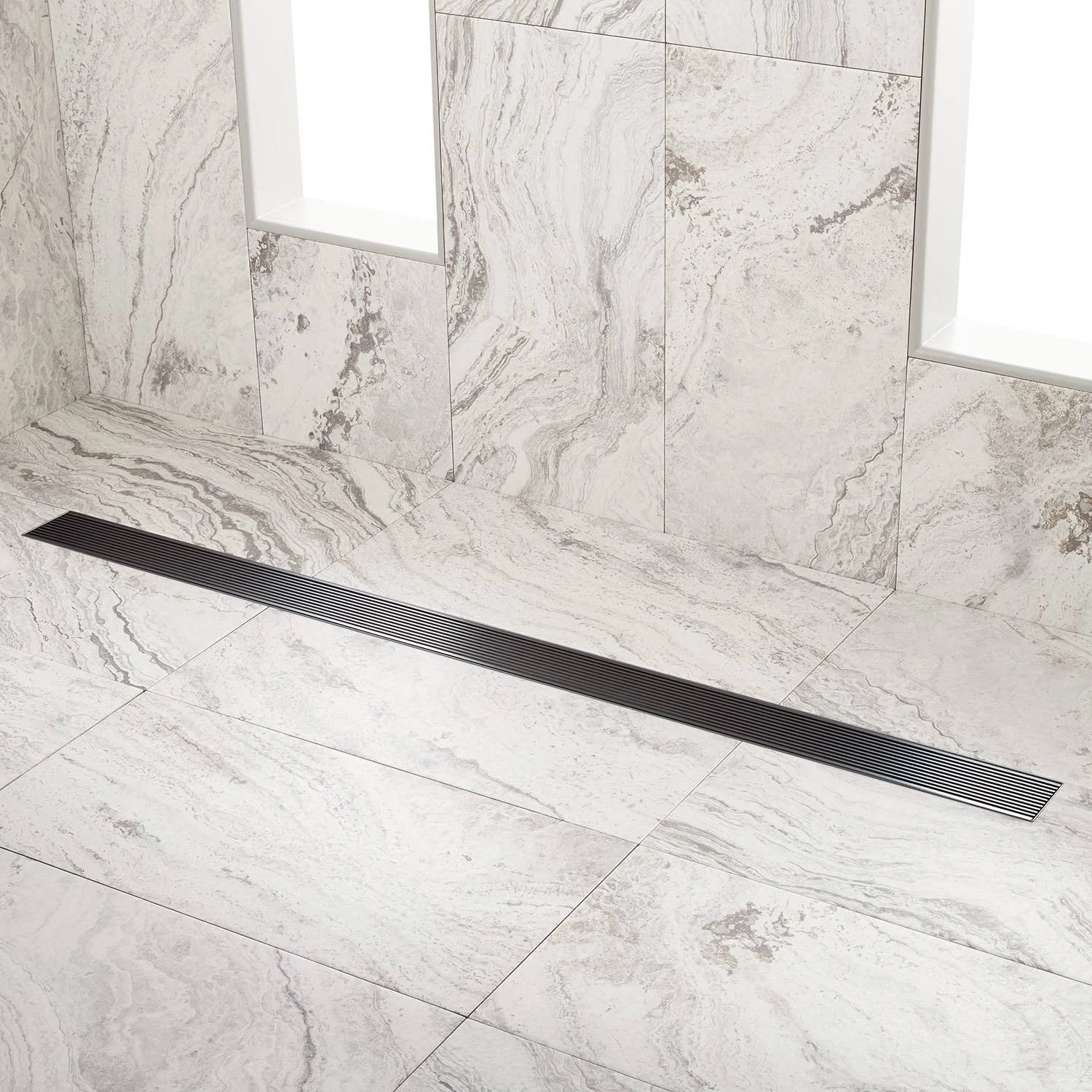 Signature Hardware 927531-48-F Carmen 48x22 Linear Shower Drain with Flange Matte Black Shower Accessories Shower Drains Linear