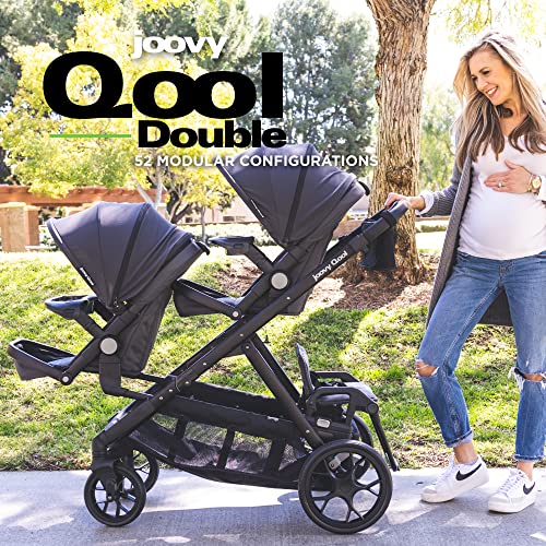 Joovy Qool Double Bundle Double Stroller with Reconfigurable Seats, Magnetic Safety Harness with Padding, UPF 50 Sun Canopy, and Large Storage Basket