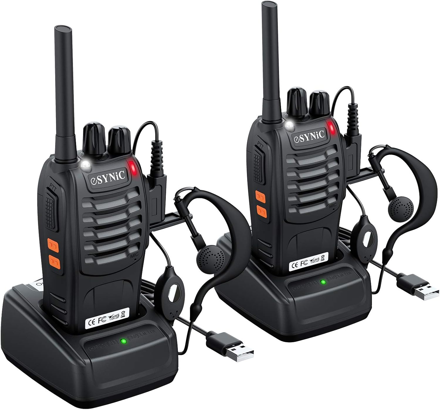 eSynic Rechargeable Walkie Talkies with Earpieces 2pcs Long Range Two-Way Radios 16 Channel USB Cable Charging Walky Talky Handheld Transceiver with
