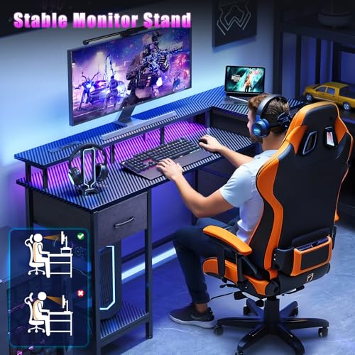47 Inch Computer Gaming Desk with Power Outlets LED Lights Reversible Home Office with Adjustable Fabric Storage Drawers for Working Writing Study