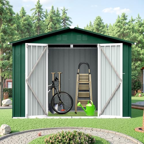 8x6 FT Outdoor Storage Shed, Metal Tool Shed with Lockable Doors, Peaked Roof & Frame Floor