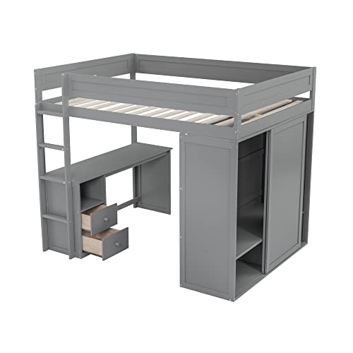 Full Size Loft Bed with L-Shaped Desk, Wardrobe and Storage Shelves, Solid Wood Bedframe w/Safety Guardrails & Ladder for Kids Teens Adults