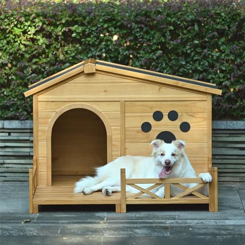 Outdoor Wooden Dog House,Waterproof Kennel with Deck and Sloped Roof,High Stability Pet Dog Cage for Small/Medium Puppy