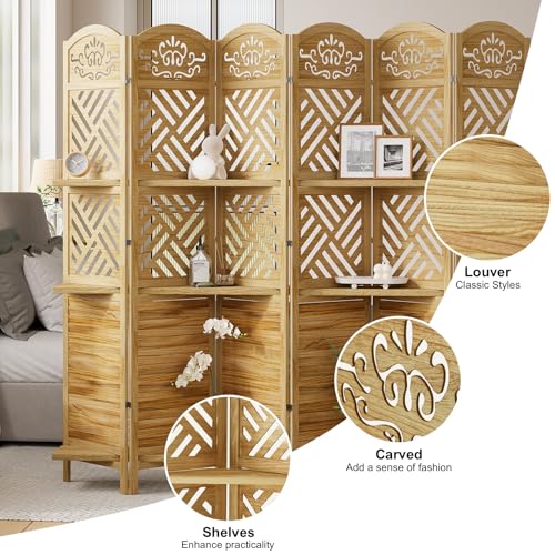 Room Divider with Shelves, 5.75ft Tall Folding Wood Carved Screen with Double Hinges for Home Office Bedroom Hotel Decoration (6 Panels, Natural)