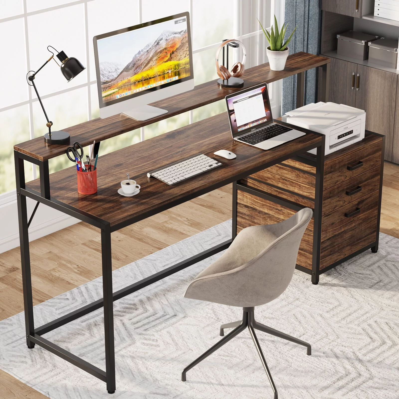 Tribesigns 63" Ergonomic Computer Desk with Monitor Stand and Drawers, Working Desk with Storage for Home Office, Rustic Brown