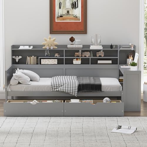 Corner Twin Bed Frame with Bookcase Storage and Desk, Wood Day Beds with 2 Drawers, Twin Size Daybed with Storage for Living Room
