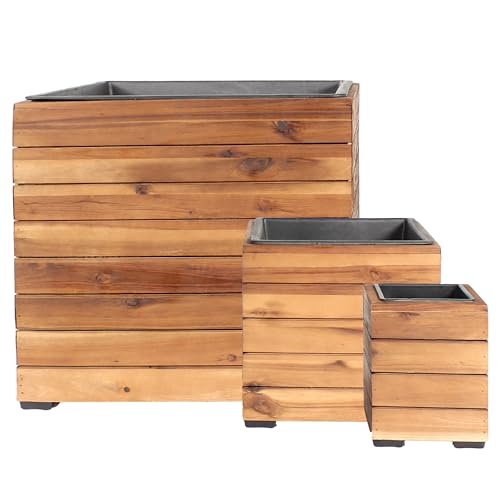Sunnydaze Indoor/Outdoor Wooden Planter Boxes - 3 Acacia Wood Square Plant Pots with Removable Plastic Liners - Light Brown Stain