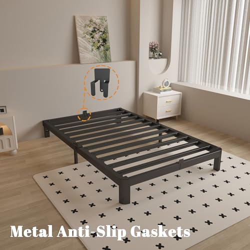 Full Size Bed Frame 16 Inch Black, Metal Platform Full Bed Frame with Baffles, No Box Spring Needed, Heavy Duty Steel Supprt, Rounded Corner Design