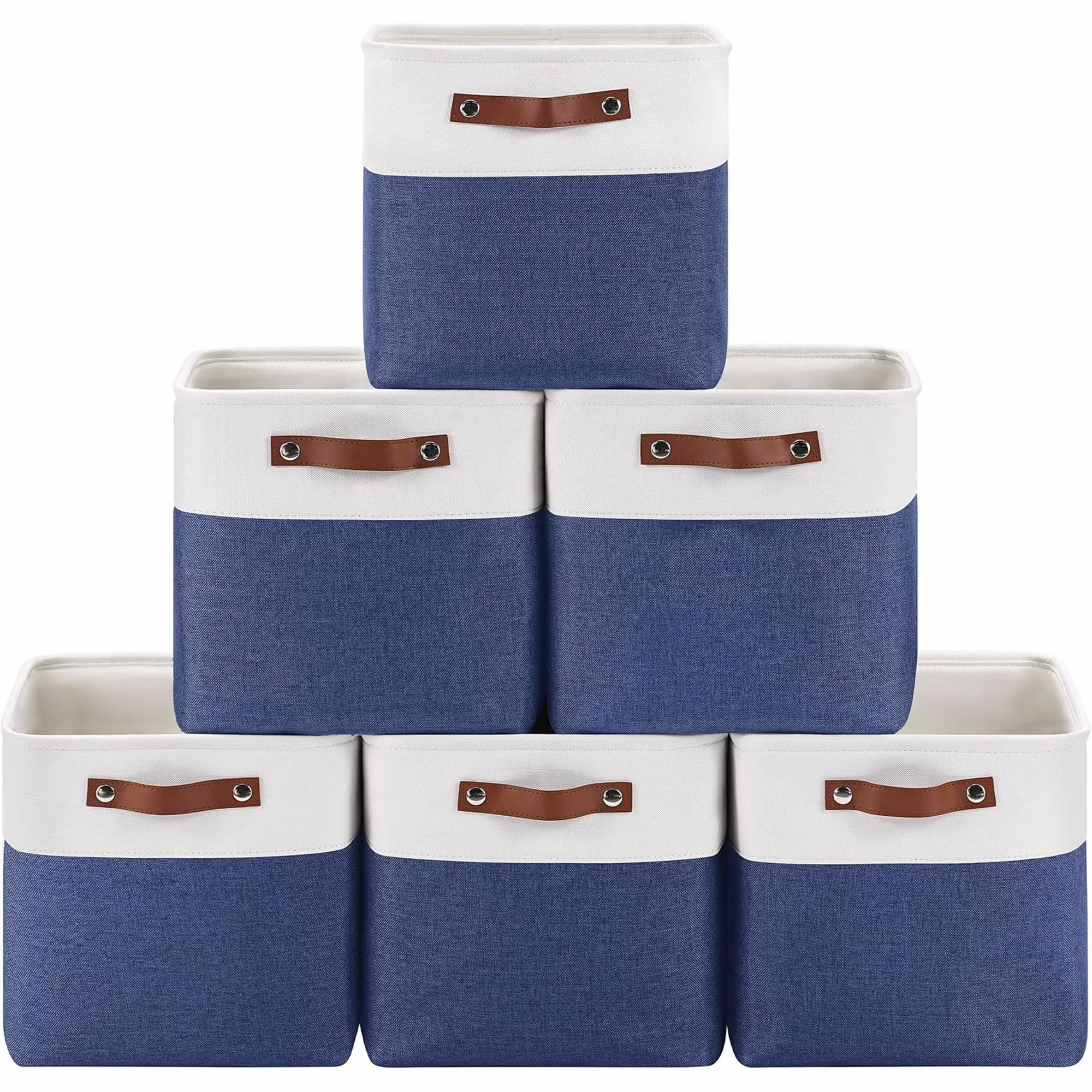 Collapsible Fabric Cube Storage Bins 11x11×11, Pack of 6 Closet Basket Boxes with PU Handles for Organizing Shelves, Toys, Clothes, Home, Laundry