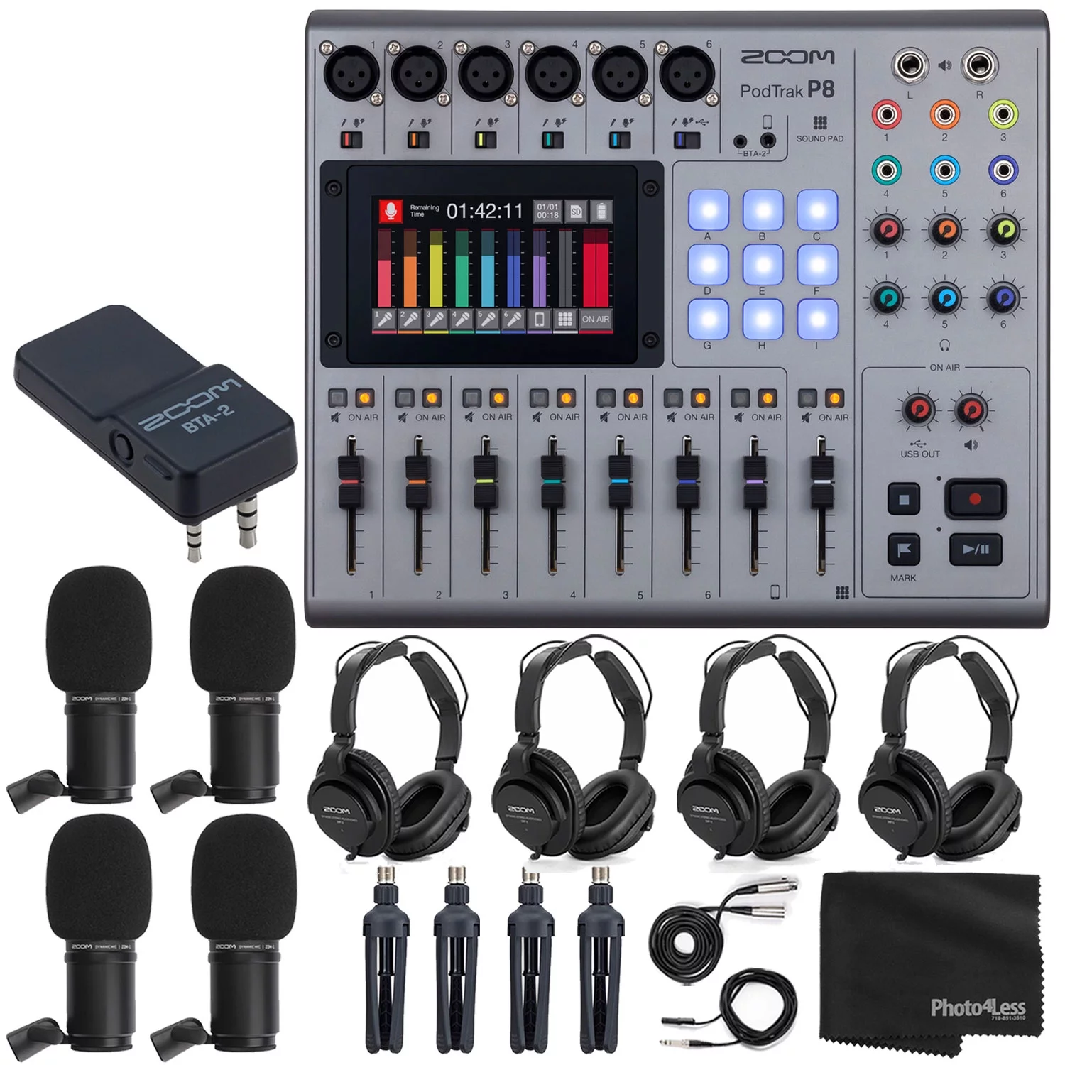 Zoom PodTrak P8 Multitrack Podcast Recorder + 4x Zoom ZDM-1 Podcast Mic + Zoom BTA-2 Bluetooth Adapter + 4x Headphones + 4x Windscreen + 4x Tabletop