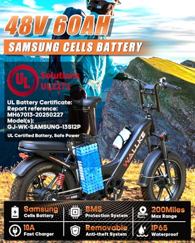 W Wallke AWD Dual Motor Electric Bike for Adults, UL2849 Certified, 48V 60Ah Battery Cell Brand Sam-Sung, Long Range 200 Miles 35MPH Fast Ebike