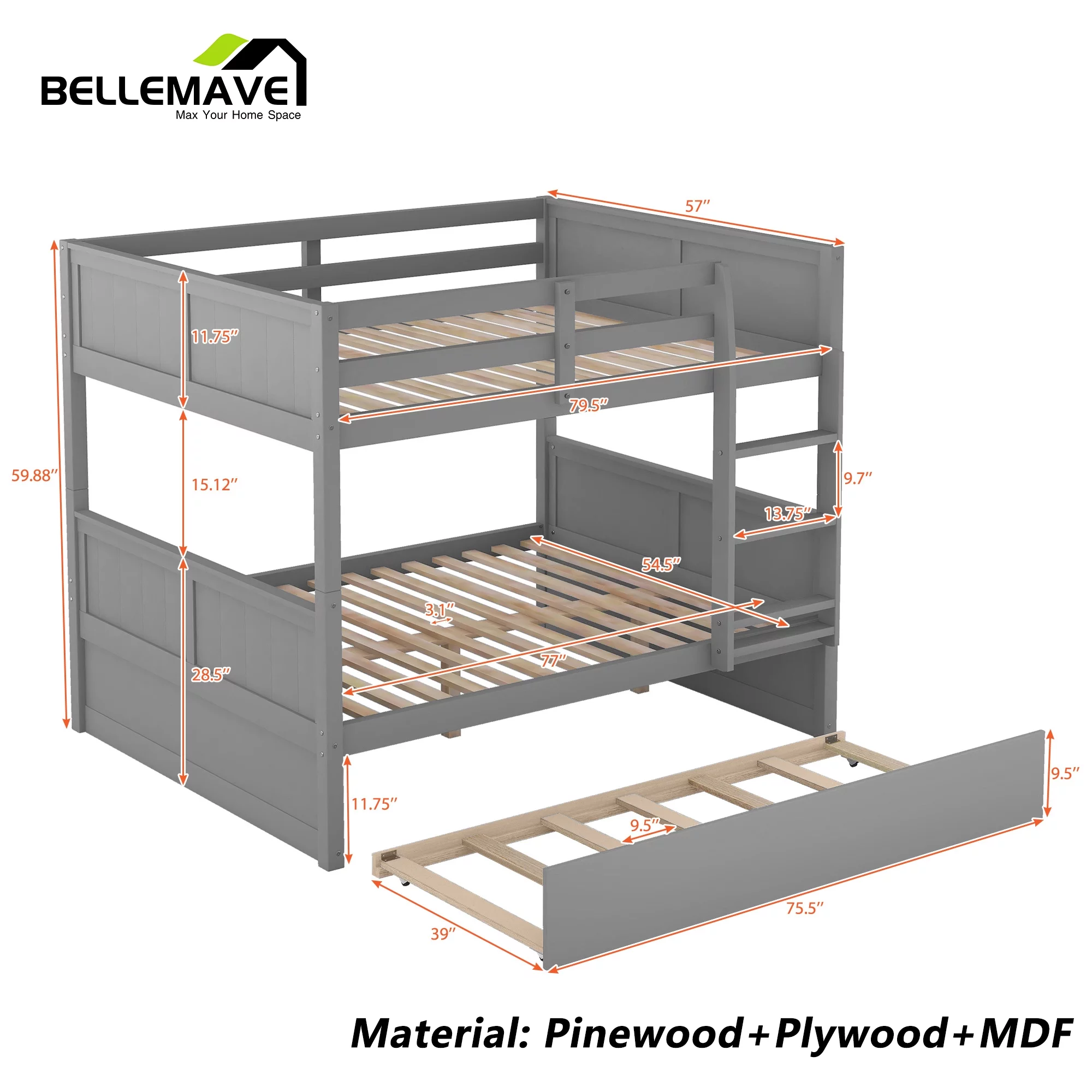BELLEMAVE Full Over Full Bunk Bed, Wood Bunk Bed Frame with Twin Trundle, Fence Shaped Guardrails, Ladder, Headboard, Convertible into 2 Bed