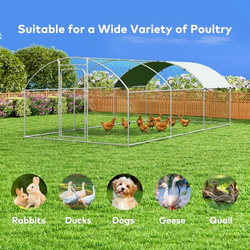 Large Metal Chicken Coop with Roosting Perch Walk-in Poultry Cage Chicken Run House Chicken Pen Spire Shaped Coop with Waterproof Cover for Outdoor