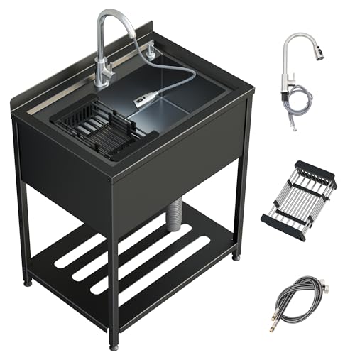 Stainless Steel Utility Sink, 36.6" × 24.2" × 36.6"Freestanding Sink with Cold and Hot Water Faucet,Hoses and Drain Kit for Kitchens, Bathrooms