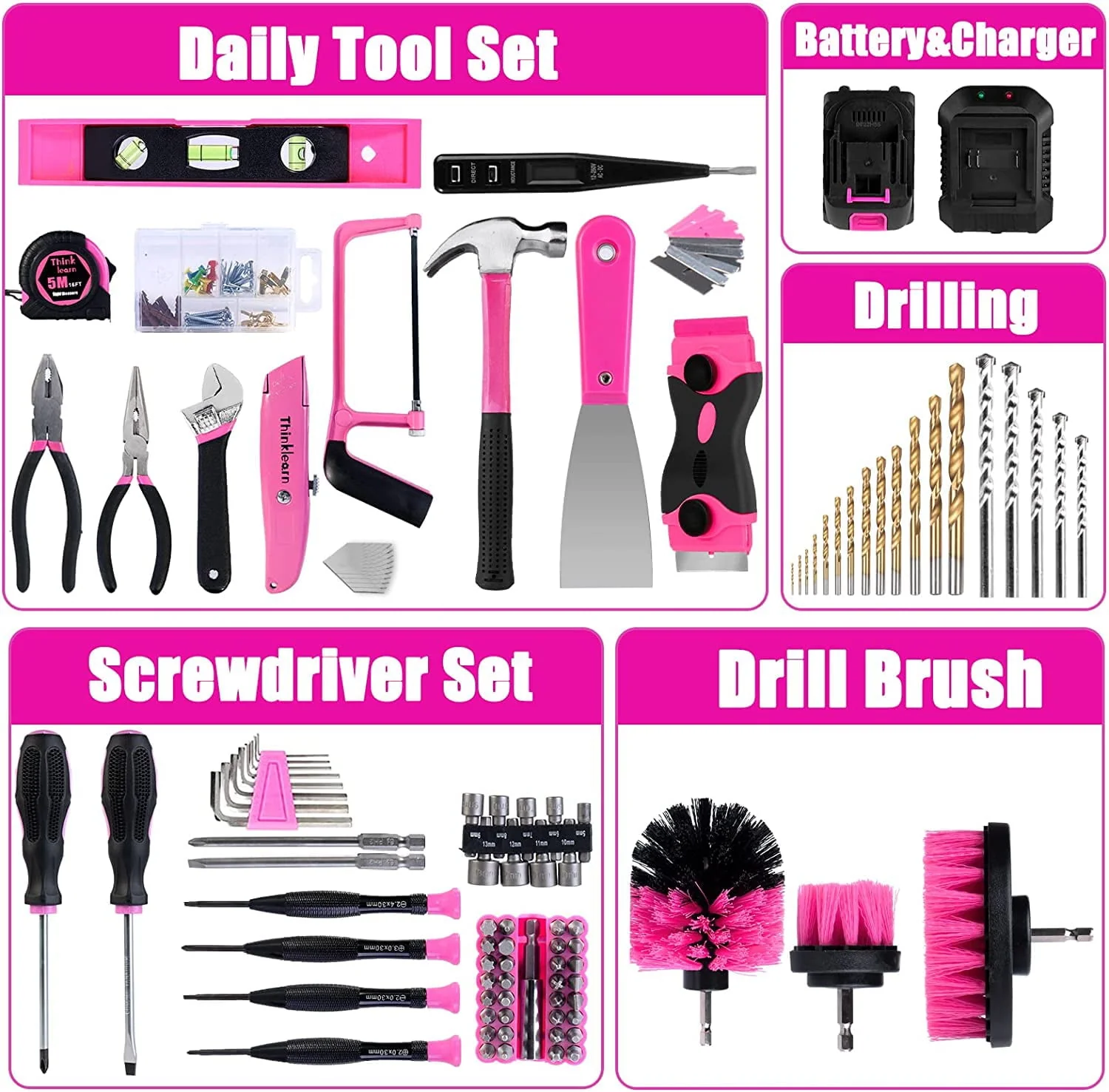 ThinkLearn Pink Tool Kit with 20V Cordless Drill(265in-lbs), Pink Drill Set for Women,Lady's Home Tool Kit for DIY