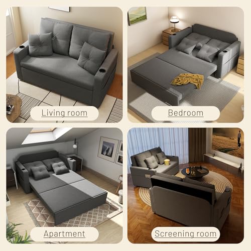 3 in 1 Pull Out Couch, 56 Inch Convertible Sleeper Sofa Bed, Loveseat Sofa with Cup Holders, USB, Sofa Couches for Living Room, Bedroom, Apartment