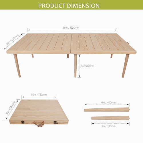 60x30 Inch Folding Picnic Table - Pine Wood Outdoor Boho Table for Beach, Camping & BBQs with Adjustable Legs (13" & 16" Heights), Natural