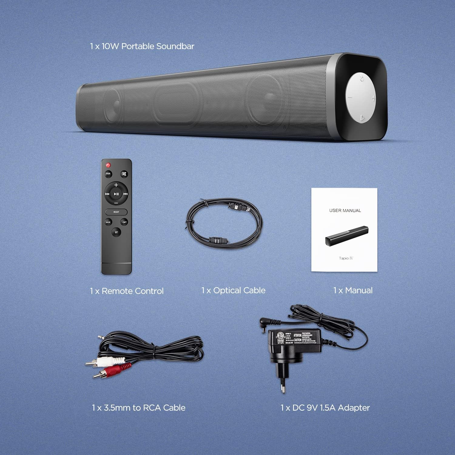 Portable Sound Bar with Remote Control, Bluetooth Mini Soundbar with Stereo Sound, Wired and Wireless Speakers