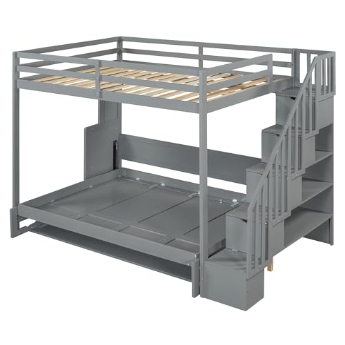 Queen Size Farmhouse Murphy Bed Cabinet with Charging Station, Foldable Platform Bed Frame with 2 Storage Drawers