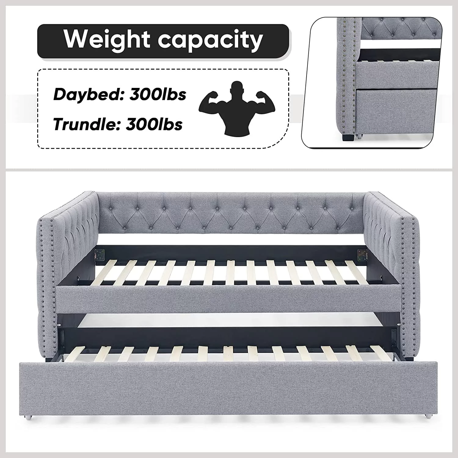 Daybed with Trundle, Muumblus Modren Kids Pull Out Sofa Bed for Bedroom & Living Room, Twin Size Frame, Light Grey Upgraded Linen Upholstered