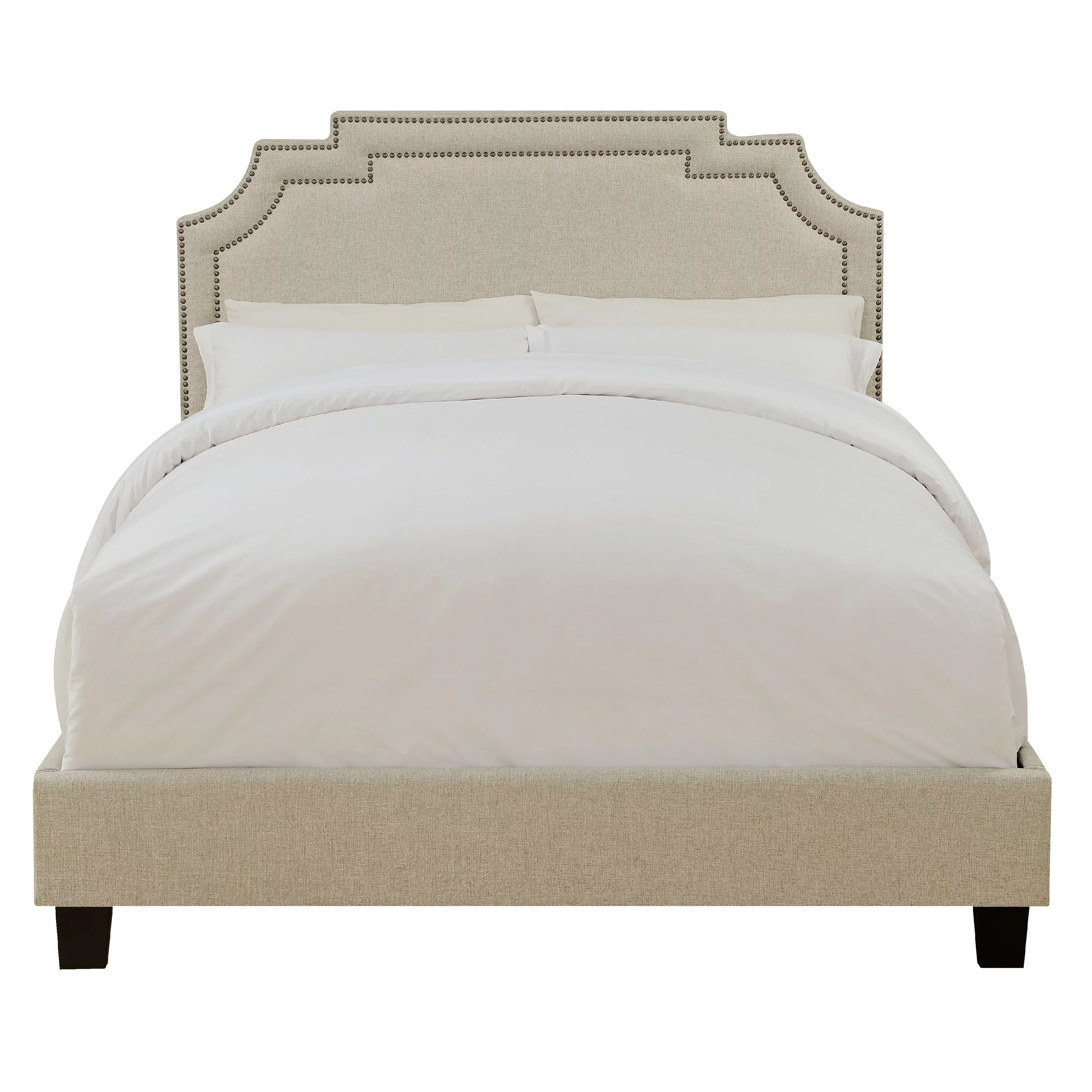 Nailhead Marquee Upholstered Queen Bed in Linen White