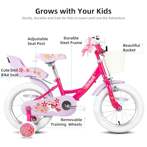 JOYSTAR Unicorn Kids Bike for Girls Ages 2-9 Years Old, 12 14 16 18 Inch Kids Bike with Training Wheels, Doll Seat, Streamers and Basket