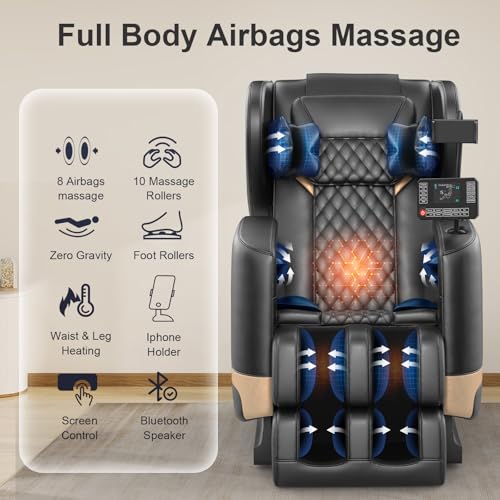 2025 Massage Chair Full Body, Zero Gravity Massage Chair with 10 Fix Rollers, Heating, Foot Massage, Auto Modes, Bluetooth Speaker