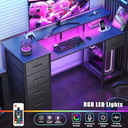 47 Inch Computer Gaming Desk with Power Outlets LED Lights Reversible Home Office with Adjustable Fabric Storage Drawers for Working Writing Study