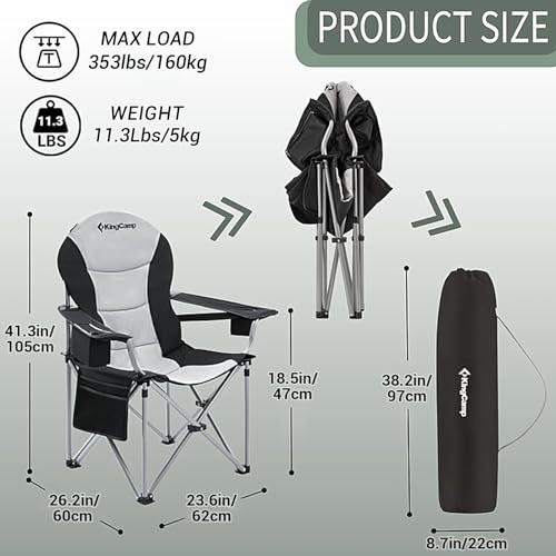 KingCamp Oversized Camping Folding Chair, Heavy Duty 450 LBS with Lumbar Support, Padded Outdoor Chair with Cup Holder