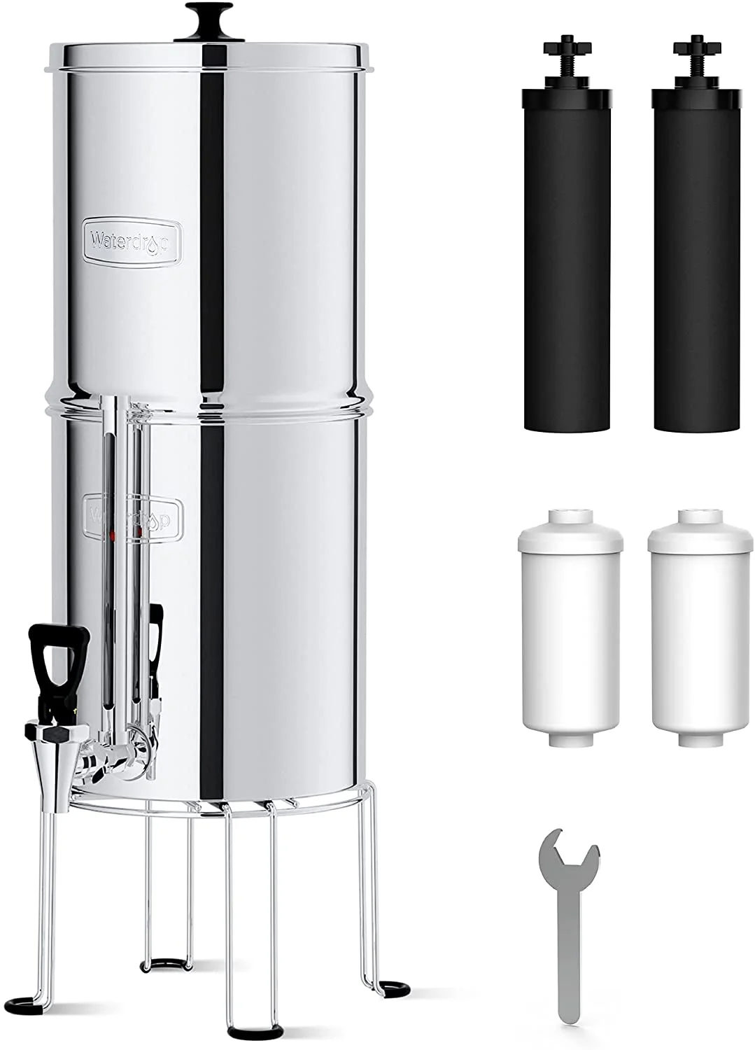 Waterdrop WD-TK-FS Gravity-fed Water Filter System, 2.25-gallon Stainless-steel System, with 4 Filters, Metal Water Level Spigot and Stand