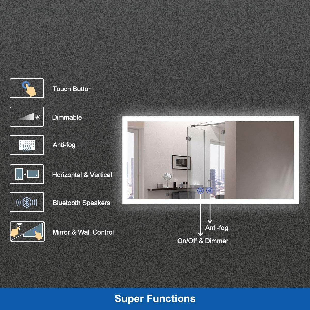 Dimmable LED Bathroom Mirror with Anti-Fog Function, 36x28 in Vertical & Horizontal Mount Illuminated Mirror with Touch Button, CRI>90