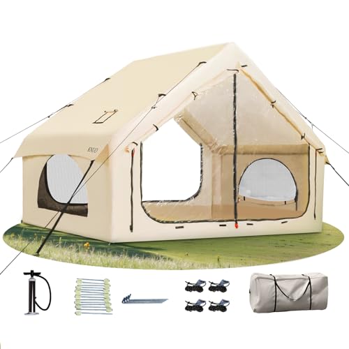 2025 Upgraded Waterproof Inflatable Camping Tent, Large Blow-Up Air Tent, No Assembly Needed Luxury Glamping House, Oxford Fabric