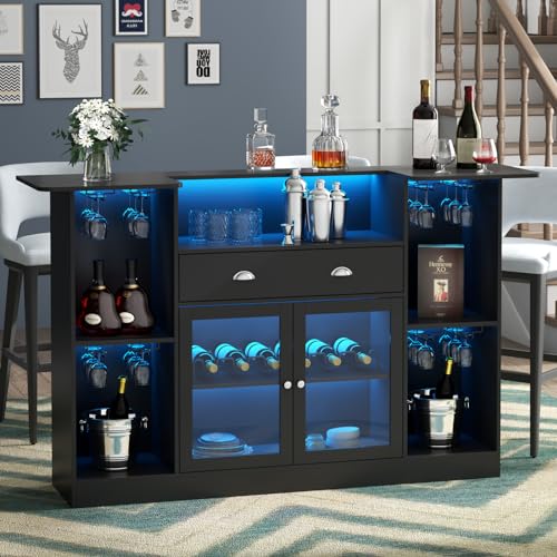 Loomie Bar Table Cabinet with LED & Drawer, Mini Liquor Bar with 8-Tier Storage & Stemware Holder