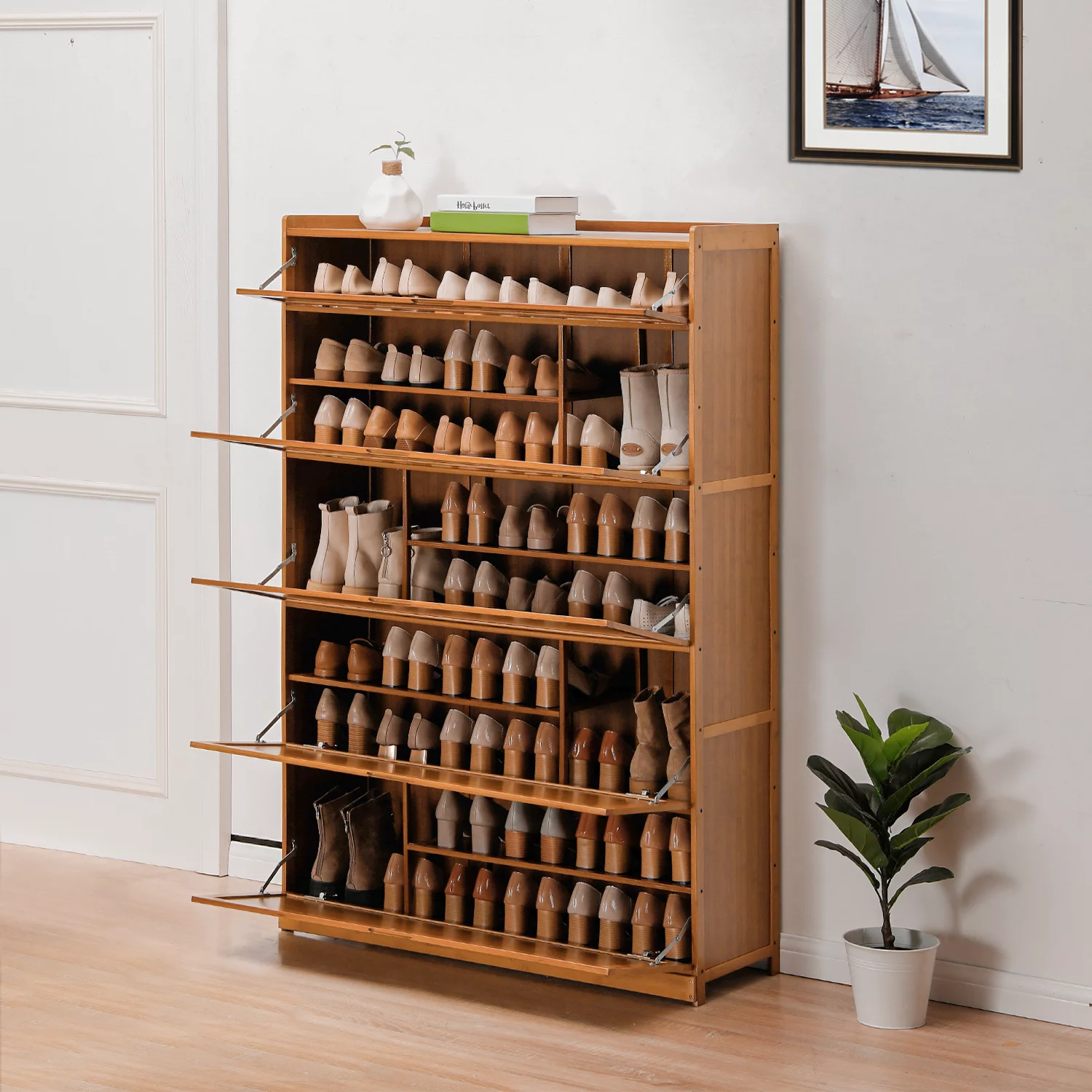 Magshion Bamboo 9 Tier Shoe Organizer Modern Cabinet with Door 41 Pairs Heels Boots, Brown, Hallway Entryway