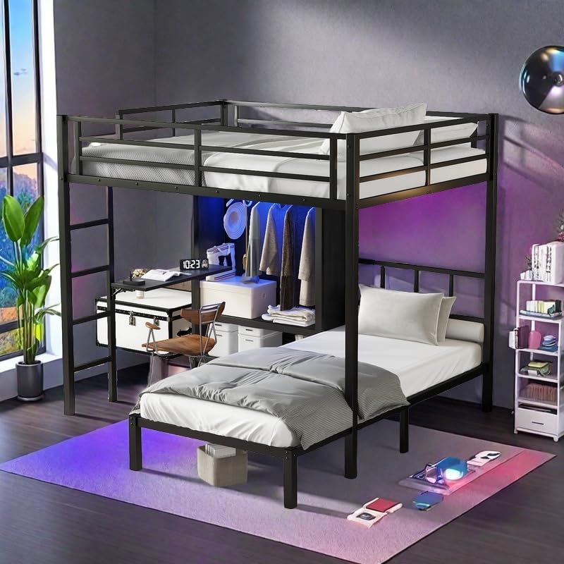 SOFTSEA Metal Bunk Bed with Wardrobe Full XL Over Twin L-Shaped Bunk Beds with Desk and Shelves for Kids Teens