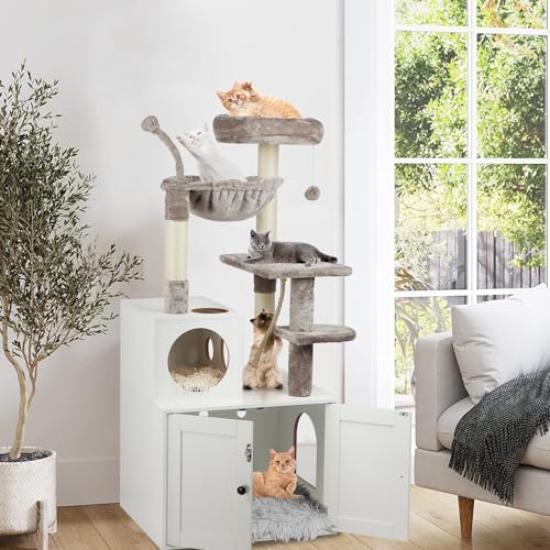 Cat Tree with Litter Box Enclosure, 2-in-1 Cat Tower for Indoor Cats, Large Wood Cat Condo with Basket, Scratching Posts, Pompoms, Rustic Brown