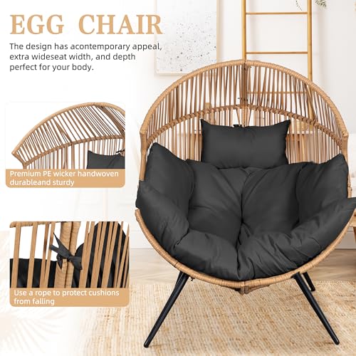 Vongrasig Outdoor Wicker Egg Chair PE Rattan Chair with Cushion, Oversized Patio Lounge Chair for Outdoor, Indoor, Balcony, Backyard, Garden, Black