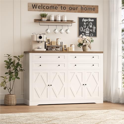 HOSTACK 55" Coffee Bar with 4 Large Drawers, 40" Tall Buffet Cabinet with Storage, Kitchen Storage Cabinet, Modern Farmhouse Sideboard Buffet