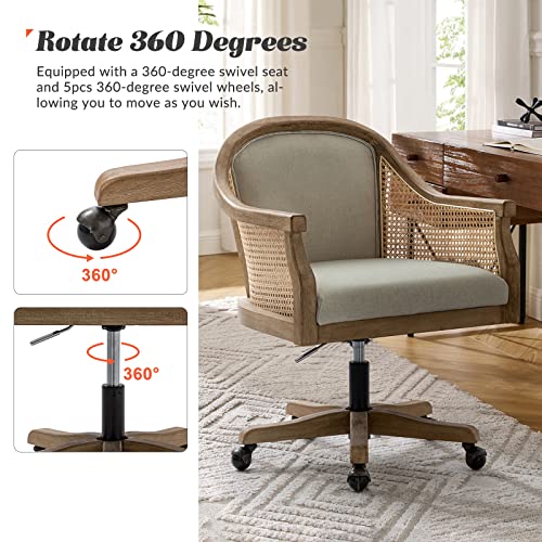 HULALA HOME Rattan Desk Chair, Upholstered Home Office Chair, Vintage Office Chair with Armrest