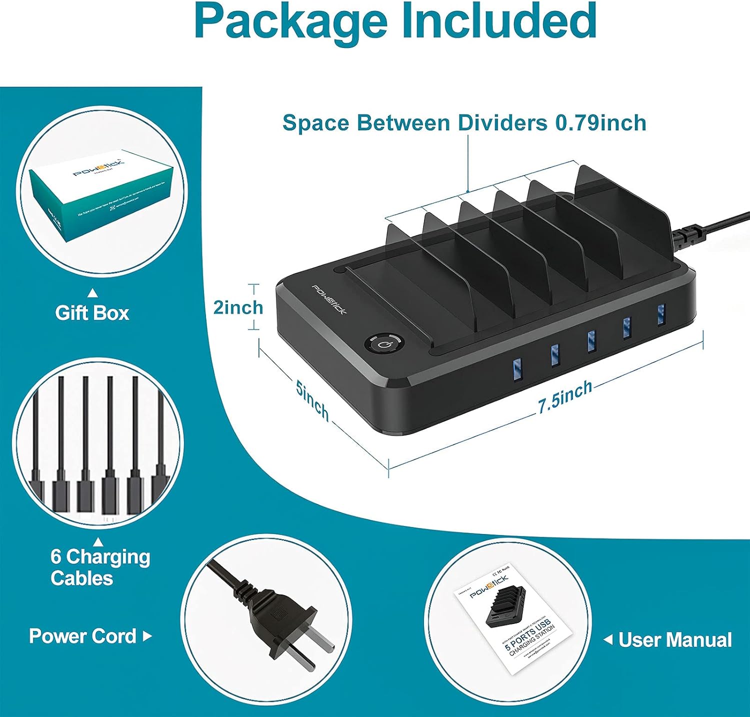 Charging Station for Multiple Devices 5 Ports with 6 Mixed Charging Cables Multi USB Charger Station Organizer for Cell Phones Tablets Tab