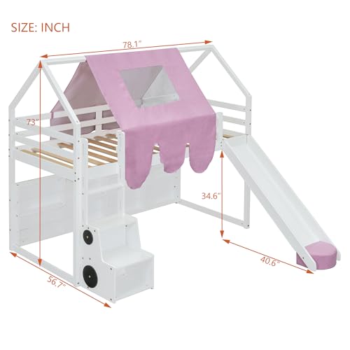 Harper & Bright Designs Kids Twin Low Loft Bed with Slide and Storage Shelves, Wood Playhouse Loft Bed Frame with a Tent & Stairs