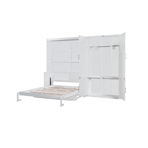 Queen Size Murphy Bed Wall Bed with Desk and Closet,Drawers and Shelves,for Small Spaces Studio Study Office Guest Room Use (Gray#Desk, Queen)