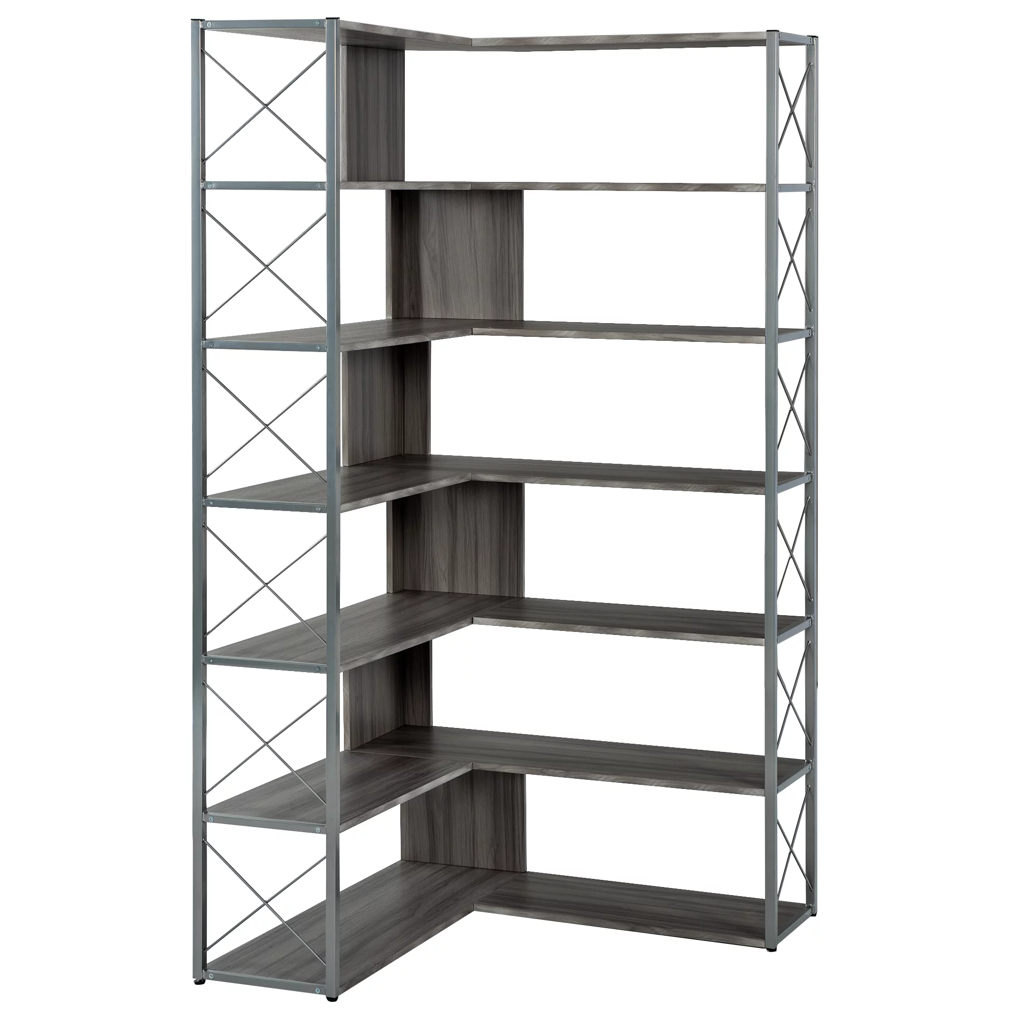 Industrial 7 Tier L-Shaped Corner Bookshelf, Large Home Office Bookcase with Metal Frame, Tall Storage Shelf Display Rack