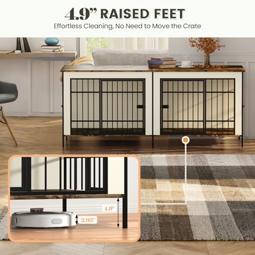 Erinnyees 79" Double Dog Crate Furniture, Extra Large Dog Cage Large Breed, Wooden Dog Crate TV Stand, Furniture Style Dog Kennel with Divider, Beige