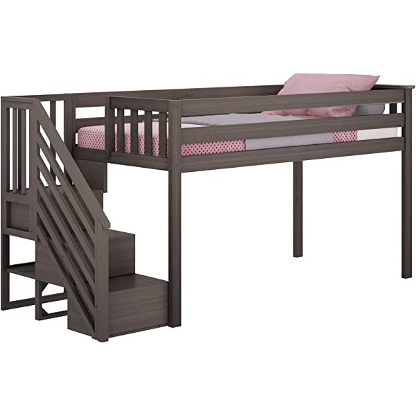 Max & Lily Twin Low Loft Bed with Staircase, White White Low Loft + Staircase Bed