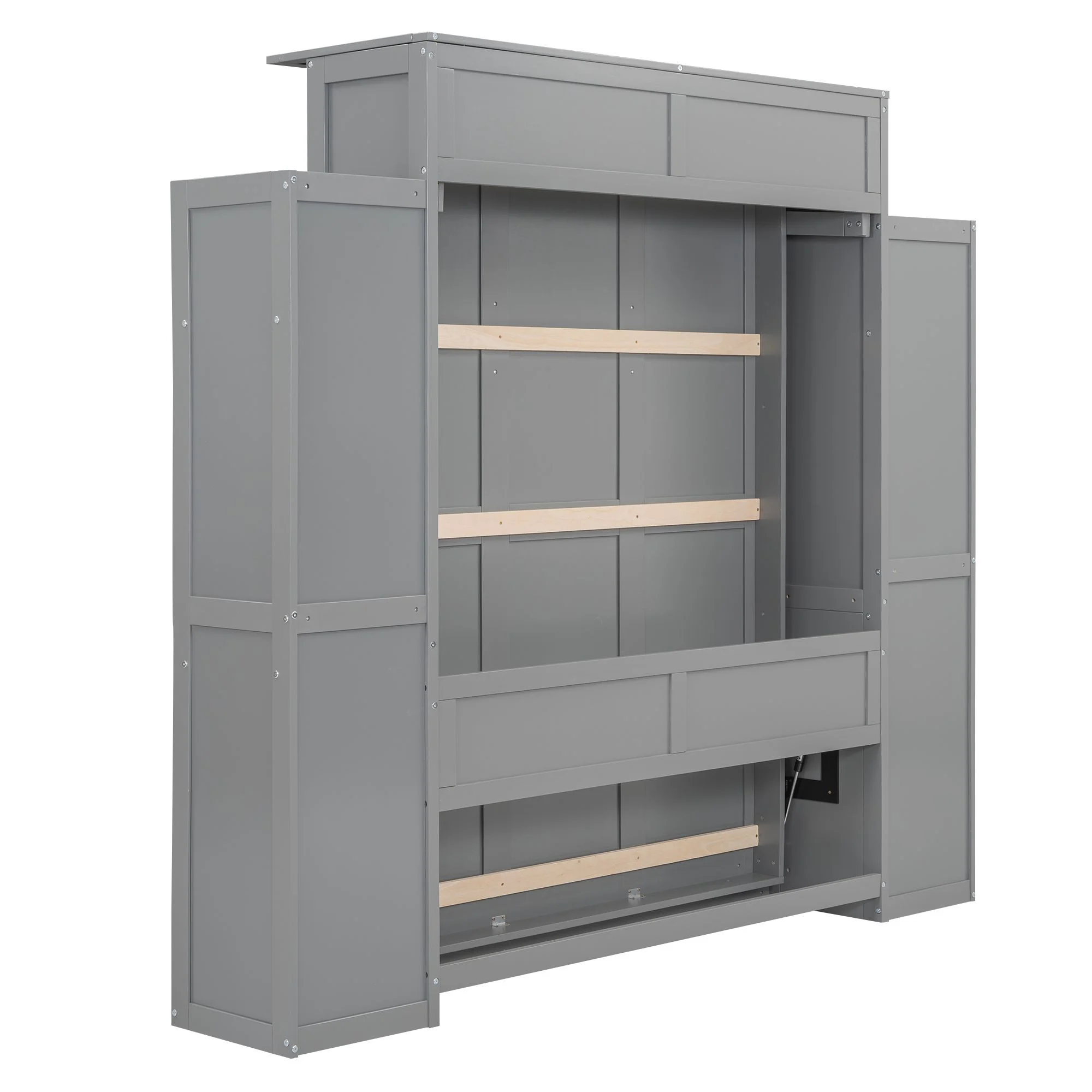 Practical Design Solid Wood Bed Frame Murphy Bed Wall Bed with Shelves and LED Lights, Platform Bed Frame, Mid Century Bedframe, Wood Foundation(Gray