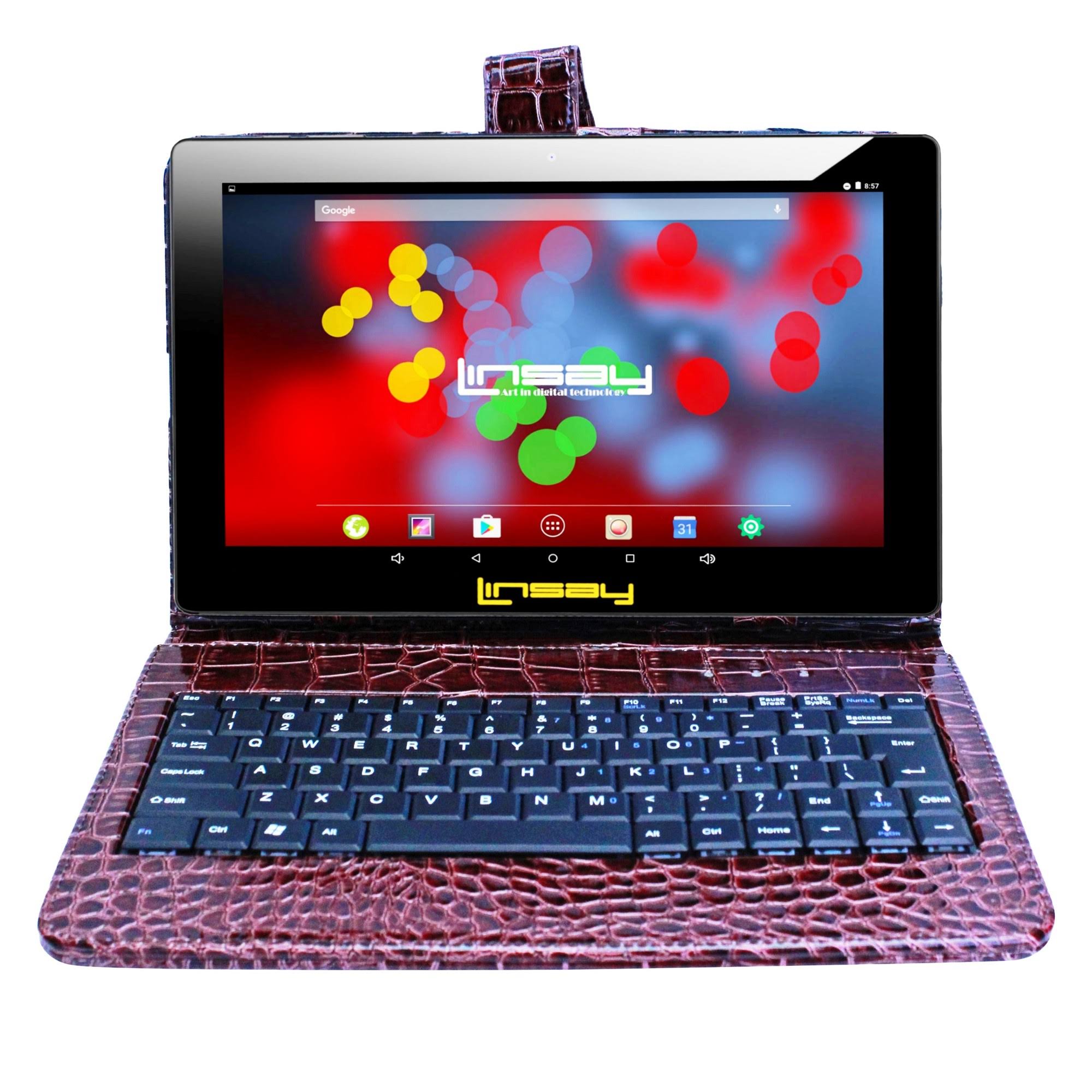 LINSAY 10.1 inch Quad Core 1280 x 800 IPS Screen Tablet 16GB with Brown Crocodile Style Leather Keyboard Case