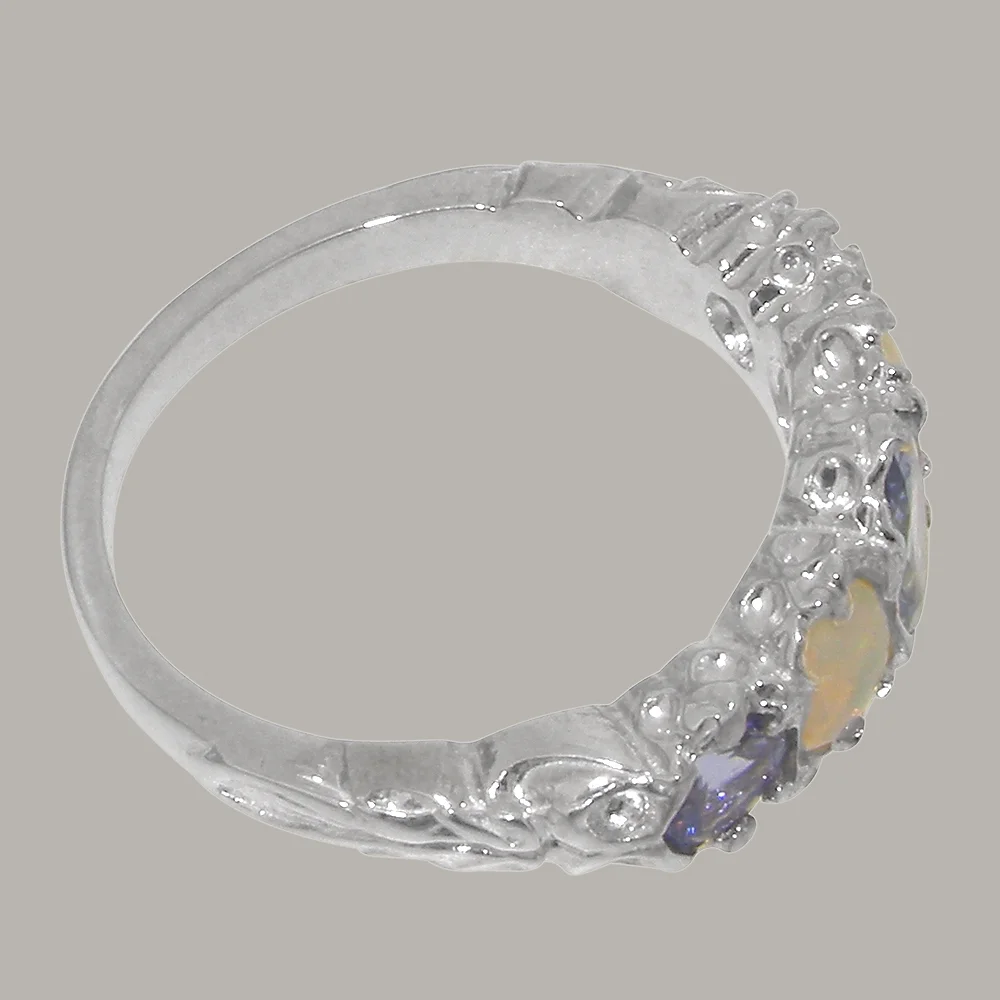 LBG British Made 14k White Gold Natural Tanzanite & Opal Womens Band Ring - 33 size options - Size 10